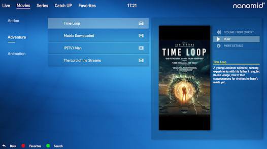 Nanomid app interface on Smart TV showcasing the best IPTV with VPN integrated for seamless streaming.